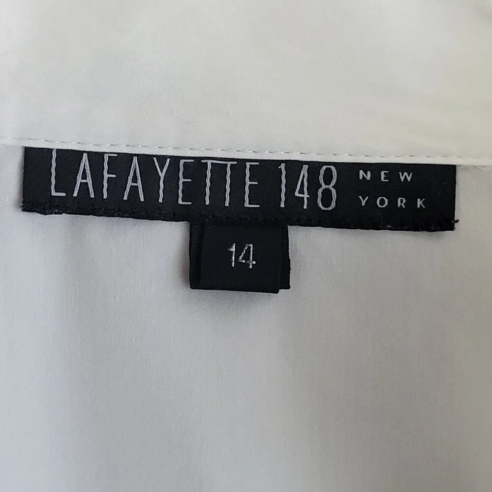 Lafayette 148 NY White Button Up Shirt Womens Stretch Cotton Pleated Size 14 - Picture 7 of 11